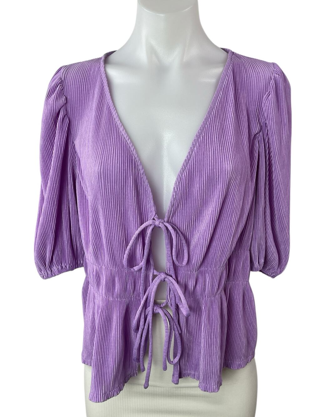 MNG Mango Purple Lilac Plisse Short Puff Sleeve Tie Knot Peplum Blouse Top Sz L